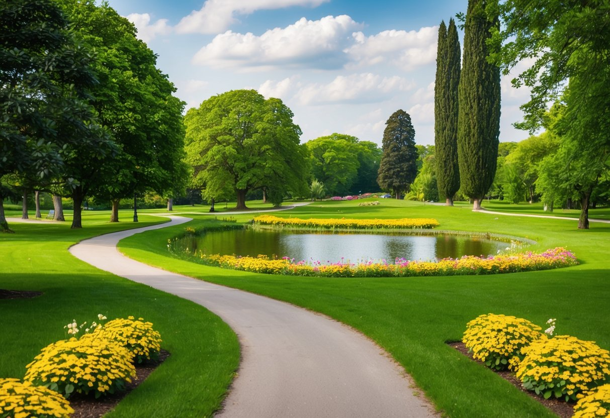 A serene park with a winding path, lush greenery, and a peaceful pond, surrounded by colorful flowers and tall trees