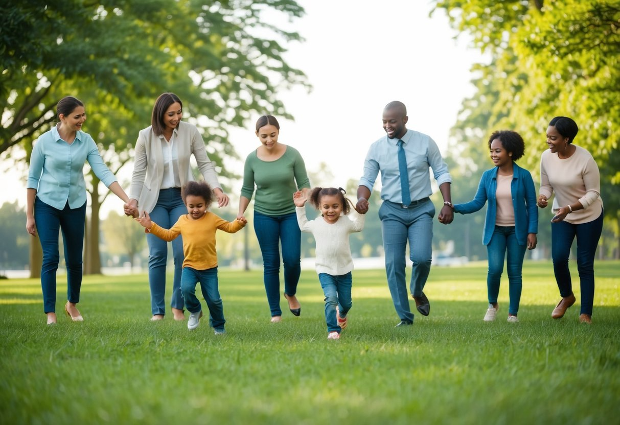 A serene, green park with children playing, surrounded by supportive adults and mental health professionals offering guidance