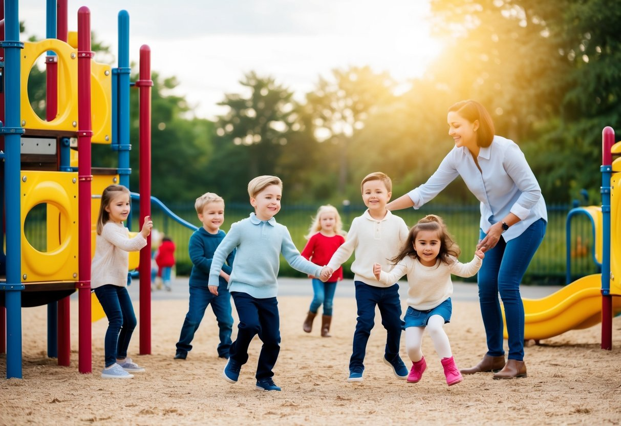 A serene playground with colorful equipment and a group of children playing happily under the watchful eye of a caring adult