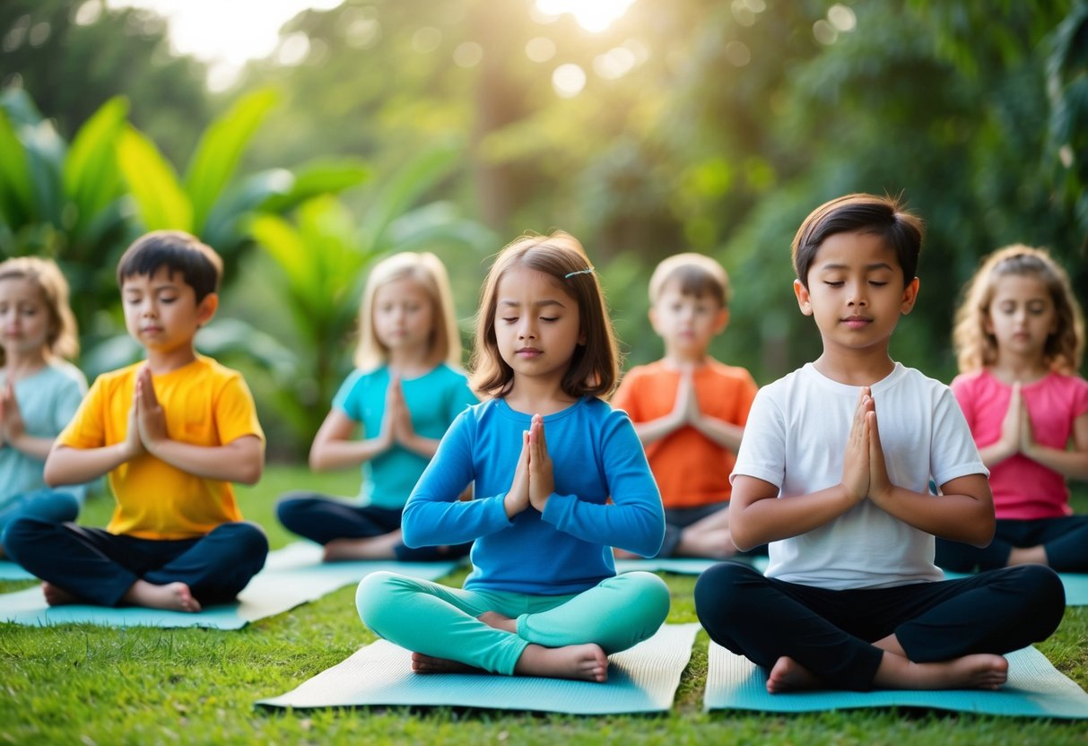 A group of children engage in calming activities like yoga and meditation in a peaceful, nature-filled setting