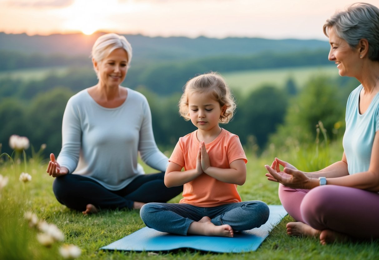 A serene landscape with a child engaging in calming activities like yoga or nature exploration, surrounded by supportive adults and positive influences