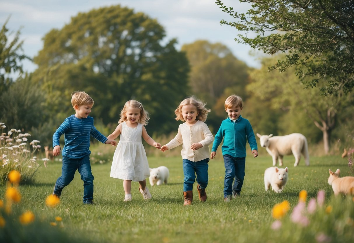 A group of children playing in a peaceful, natural setting, surrounded by calming elements such as trees, flowers, and gentle animals