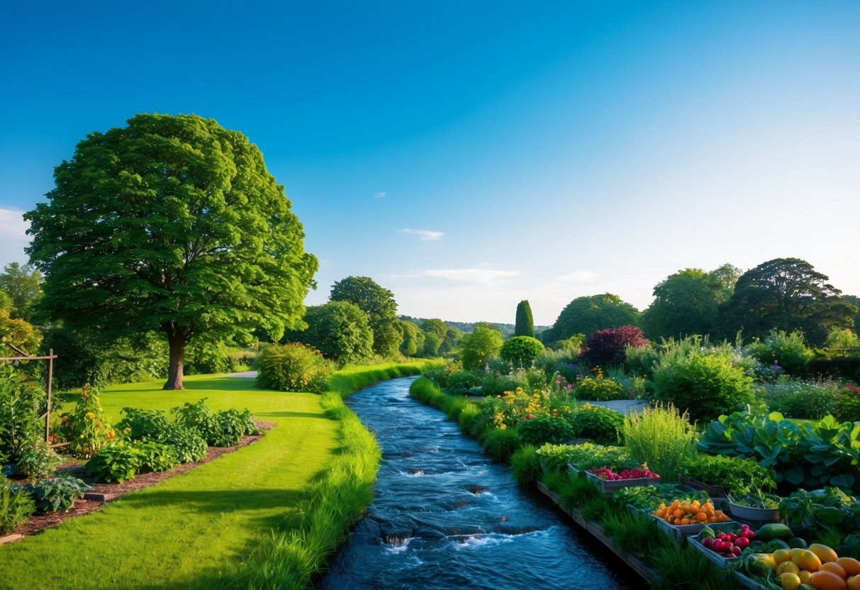 A serene landscape with a clear blue sky, lush green trees, a flowing river, and a vibrant garden filled with fresh fruits and vegetables