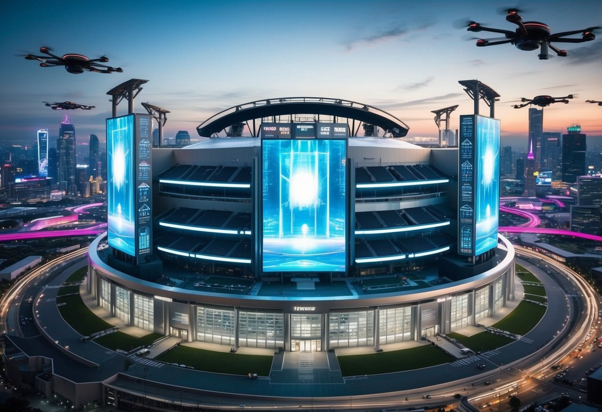 A sleek, metallic arena with towering holographic displays and futuristic sports equipment, surrounded by a bustling cityscape of neon lights and flying vehicles