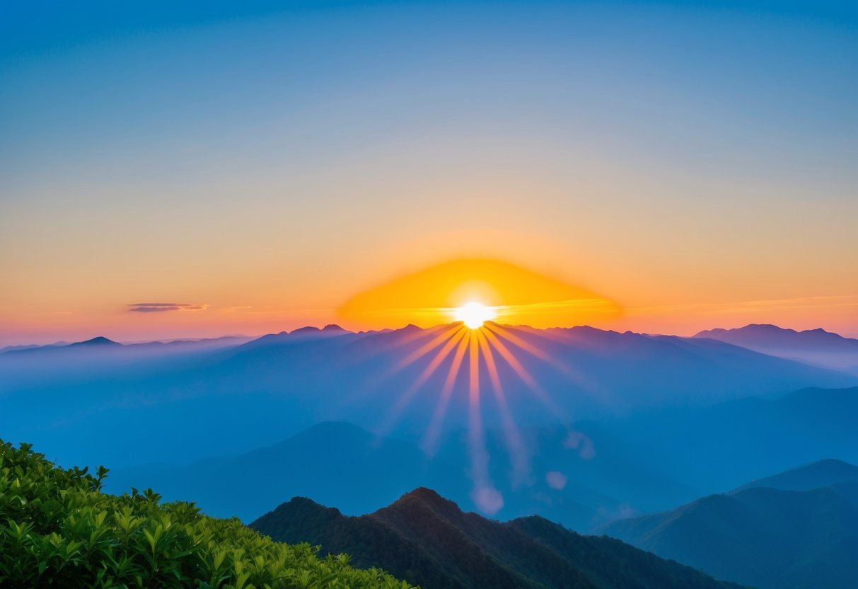 A vibrant sunrise over a mountain range, with a clear blue sky and lush greenery below. A symbol of renewal and vitality