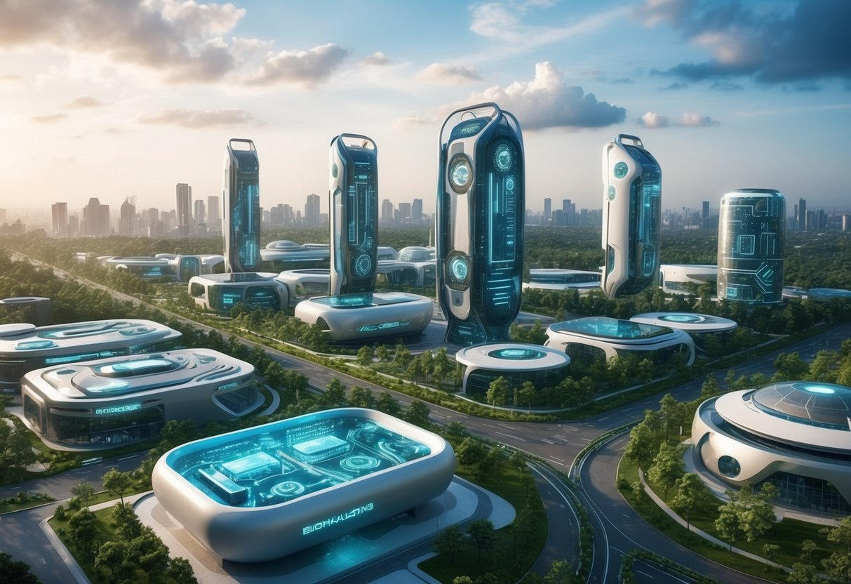 A futuristic cityscape with biohacking labs, fitness centers, and rejuvenation clinics, all surrounded by lush greenery and advanced technology