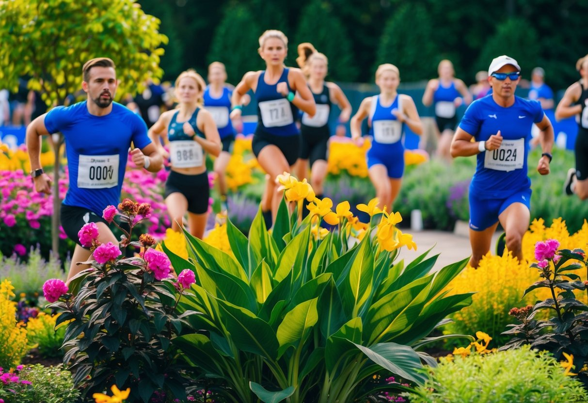 A vibrant garden with blooming flowers and rejuvenating plants, surrounded by athletes competing in a rejuvenation-themed event