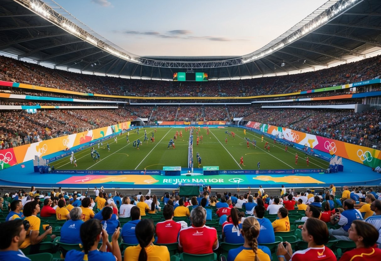 A grand stadium filled with cheering spectators, colorful banners, and athletes competing in various events for The Rejuvenation Olympics