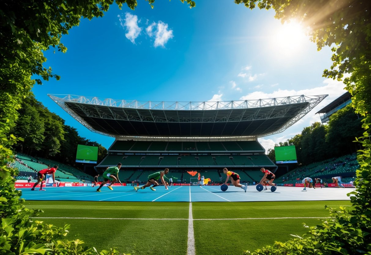 A grand stadium surrounded by lush greenery, with athletes competing in various events under a bright, sunny sky