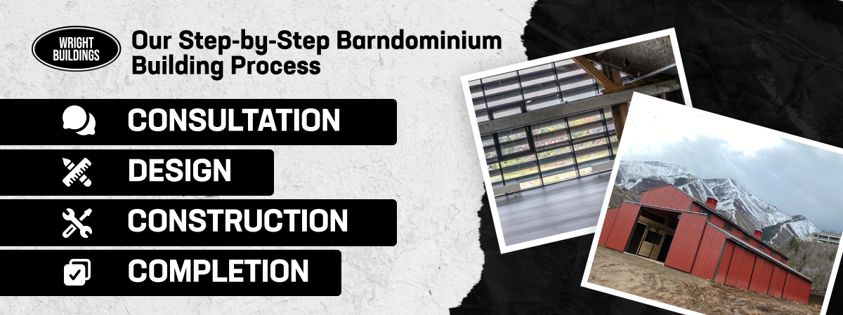 Wright Buildings' barndominium process: consultation, design, construction, completion, with sample images.