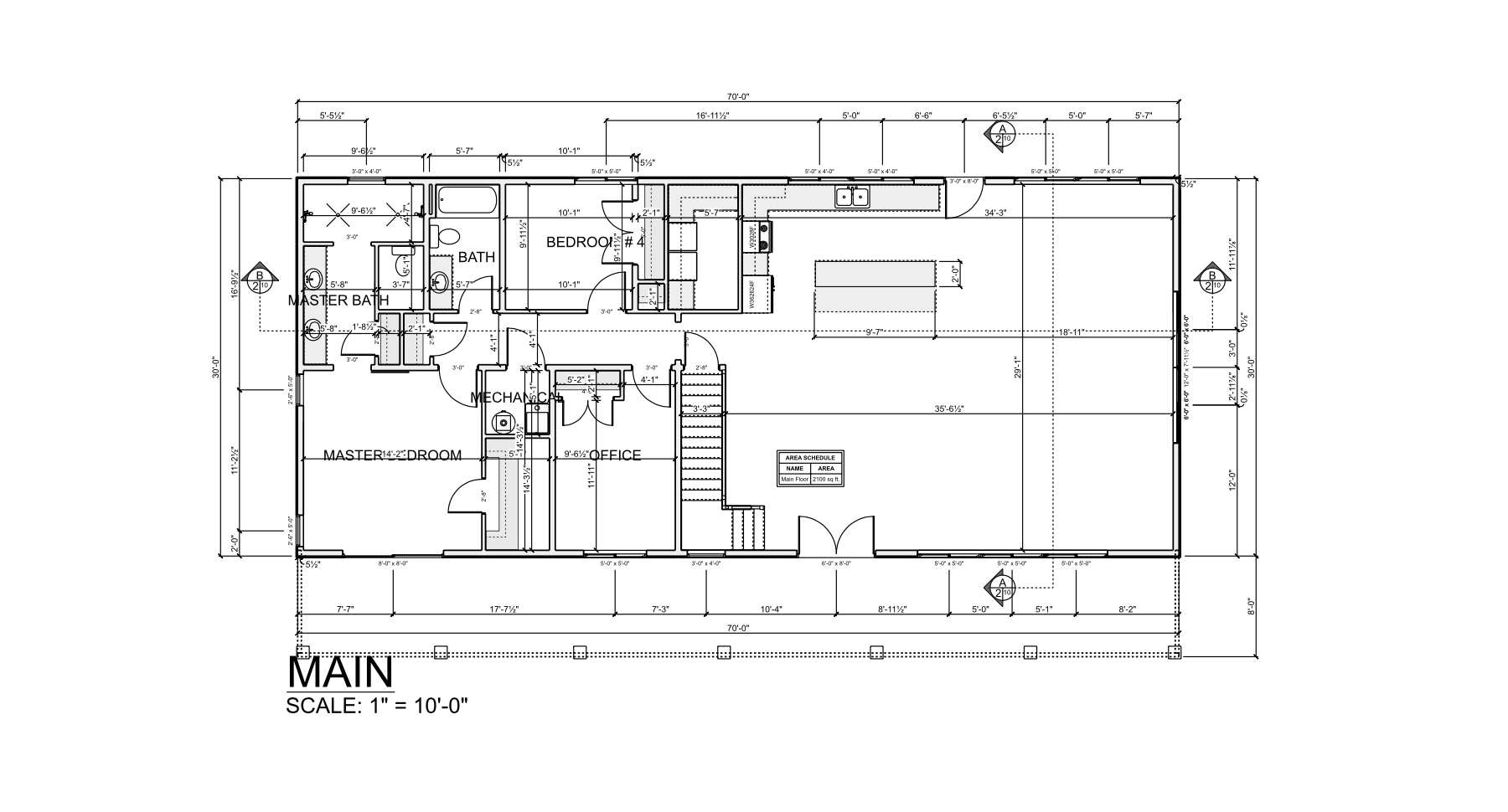 Architectural floor plan of the main level showing rooms, dimensions, and layout at a scale of 1 inch = 10 feet.