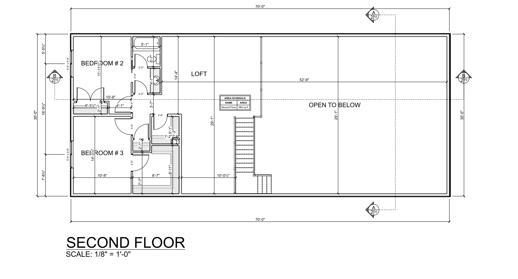 Architectural floor plan of the second level featuring bedrooms, loft, and open space, scaled 1/8 inch = 1 foot.