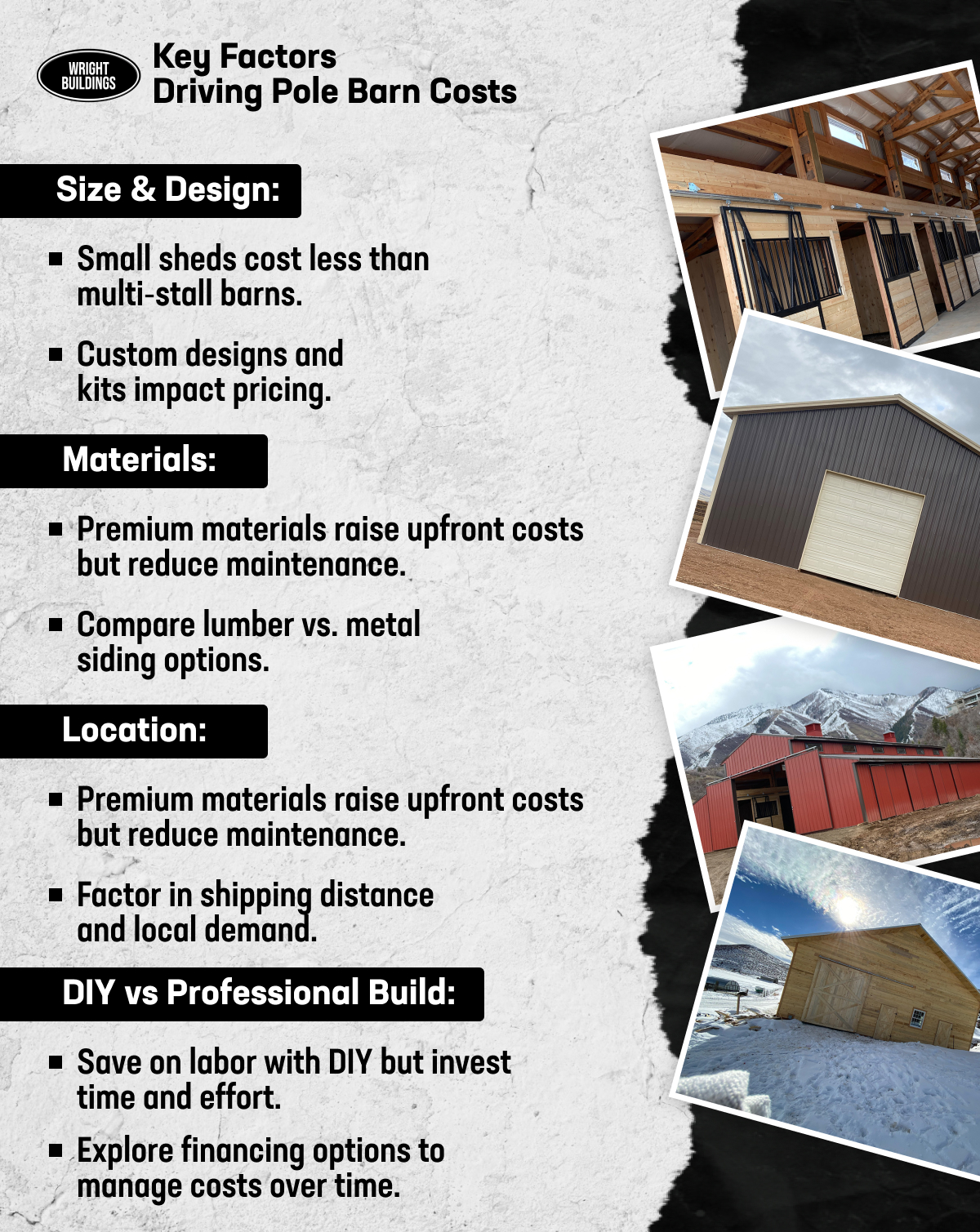 Infographic outlining pole barn cost factors: size, materials, location, and DIY vs professional build options.