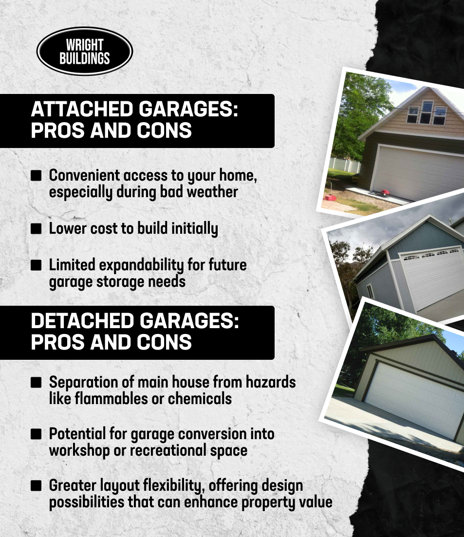 Comparison of attached and detached garages, highlighting pros like cost, convenience, and flexibility.