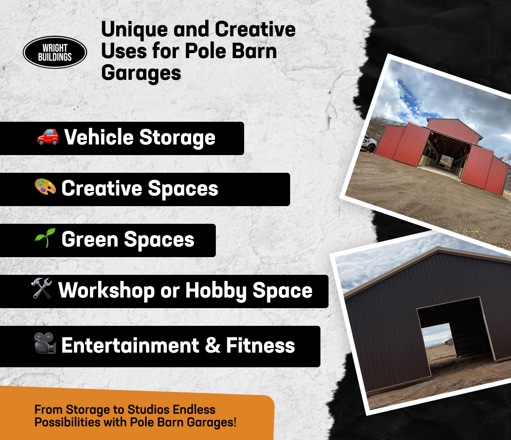 Creative uses for pole barn garages: vehicle storage, workshops, green spaces, entertainment, and fitness areas.