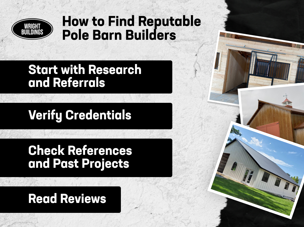 Steps to find pole barn builders: research, verify credentials, check projects, and read reviews. Images of pole barns.