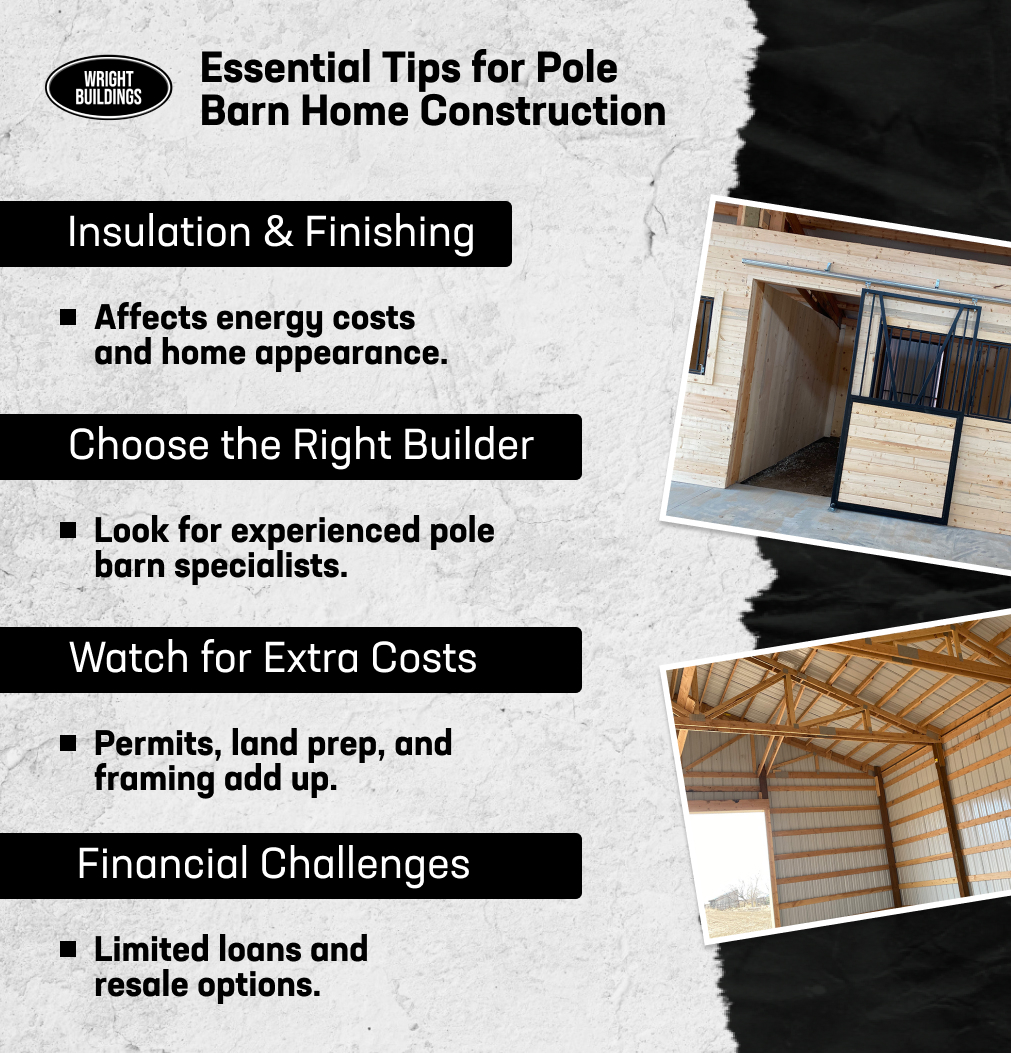 Key tips for pole barn home construction, including insulation, builder choice, extra costs, and financial challenges.