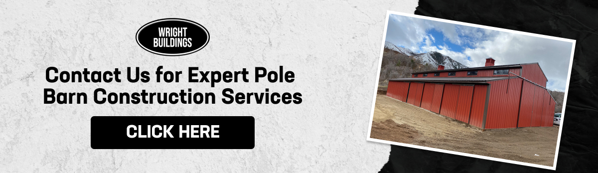 Call-to-action for expert pole barn construction services with a "Click Here" button and a red barn image.