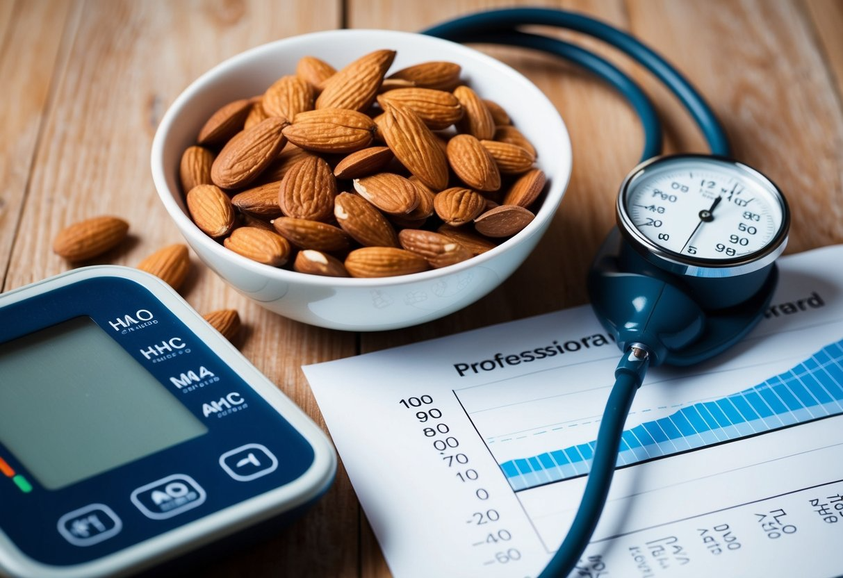 A bowl of almonds surrounded by a blood pressure monitor and a chart showing a downward trend