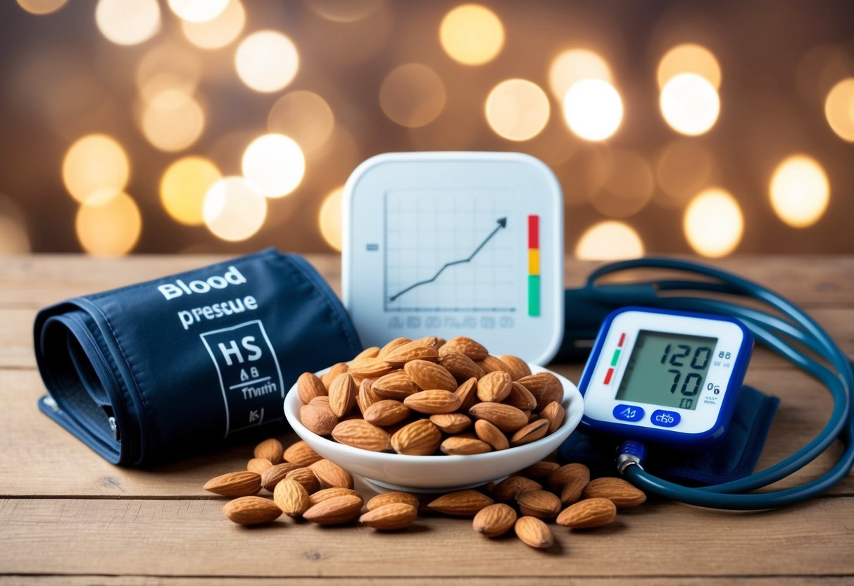 A bowl of almonds surrounded by a heart rate monitor and blood pressure cuff, with a graph showing a downward trend in blood pressure