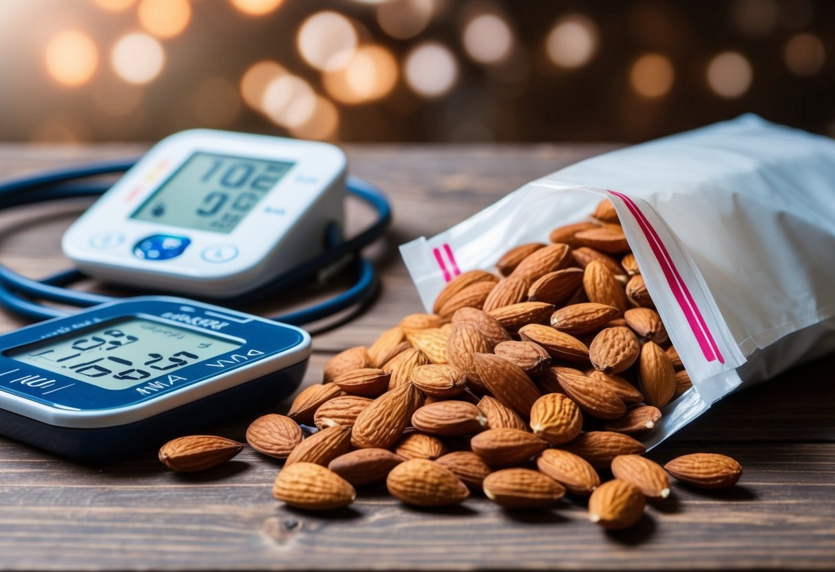 A pile of almonds spills out of a bag onto a wooden table, with a blood pressure monitor and a heart rate monitor nearby