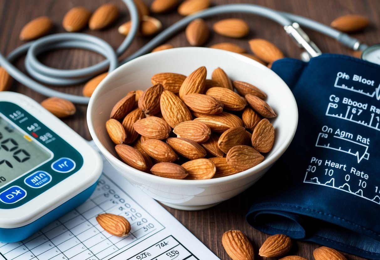 A bowl of almonds surrounded by a blood pressure monitor and a heart rate chart