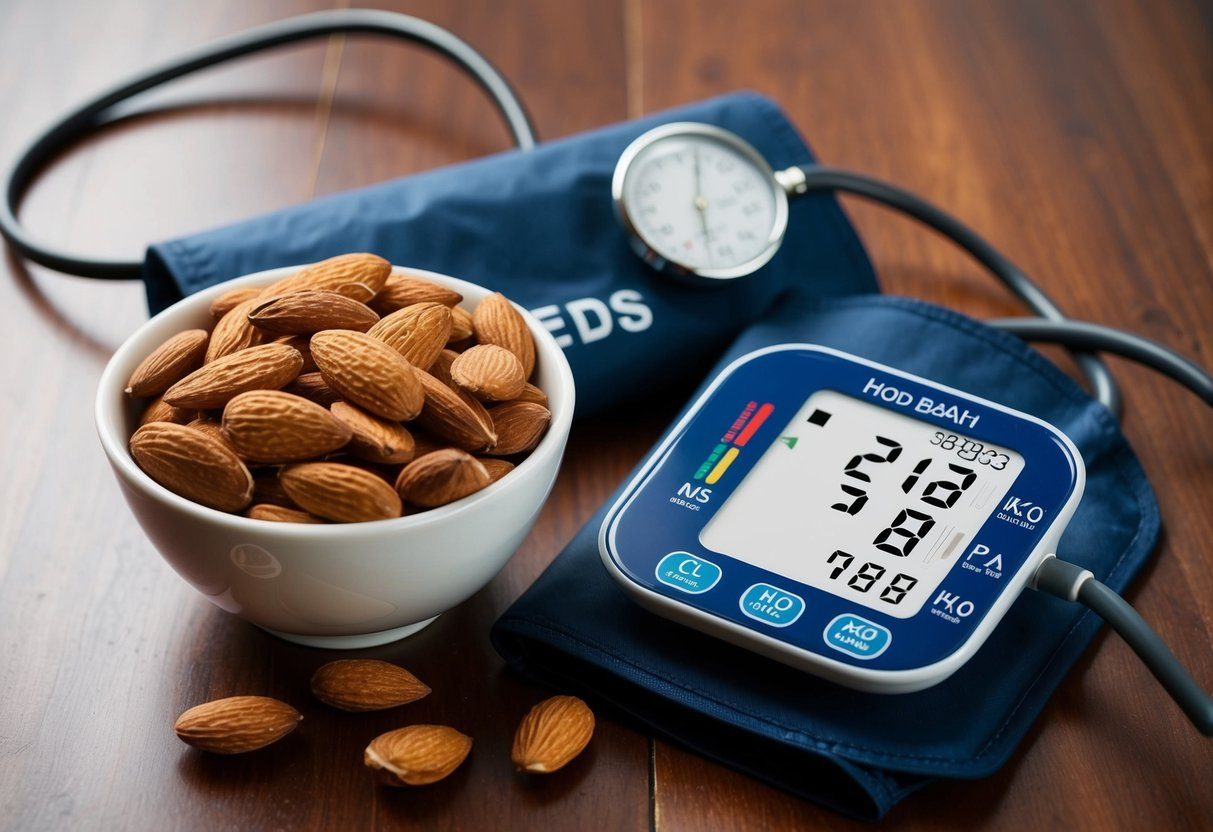 A bowl of almonds next to a blood pressure monitor