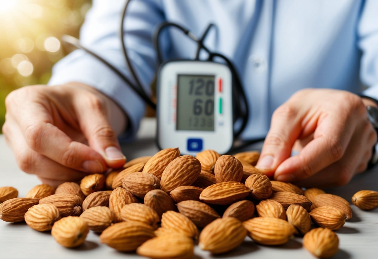 A person surrounded by almonds, with a blood pressure monitor in the background