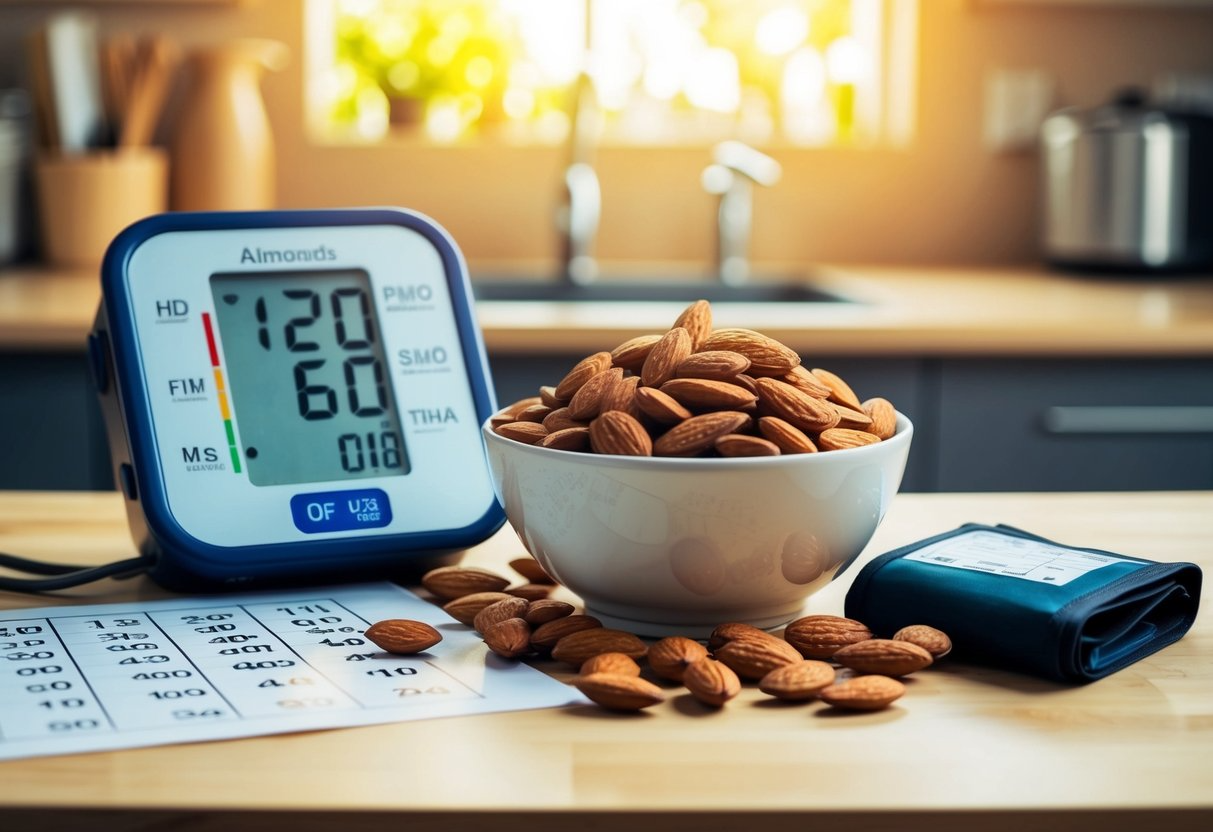 A bowl of almonds sits on a kitchen counter, surrounded by a blood pressure monitor and a chart showing fluctuating readings