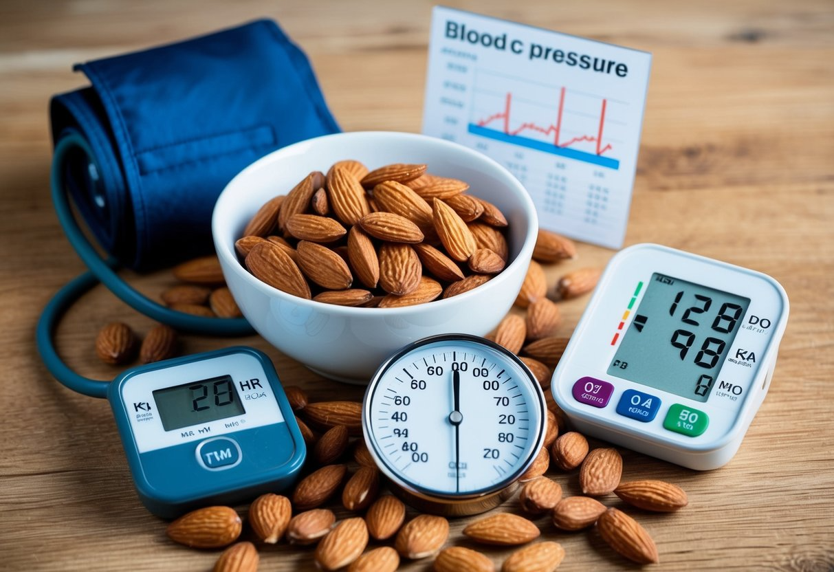 A bowl of almonds surrounded by a blood pressure monitor and a heart rate monitor, with a chart showing decreasing blood pressure levels