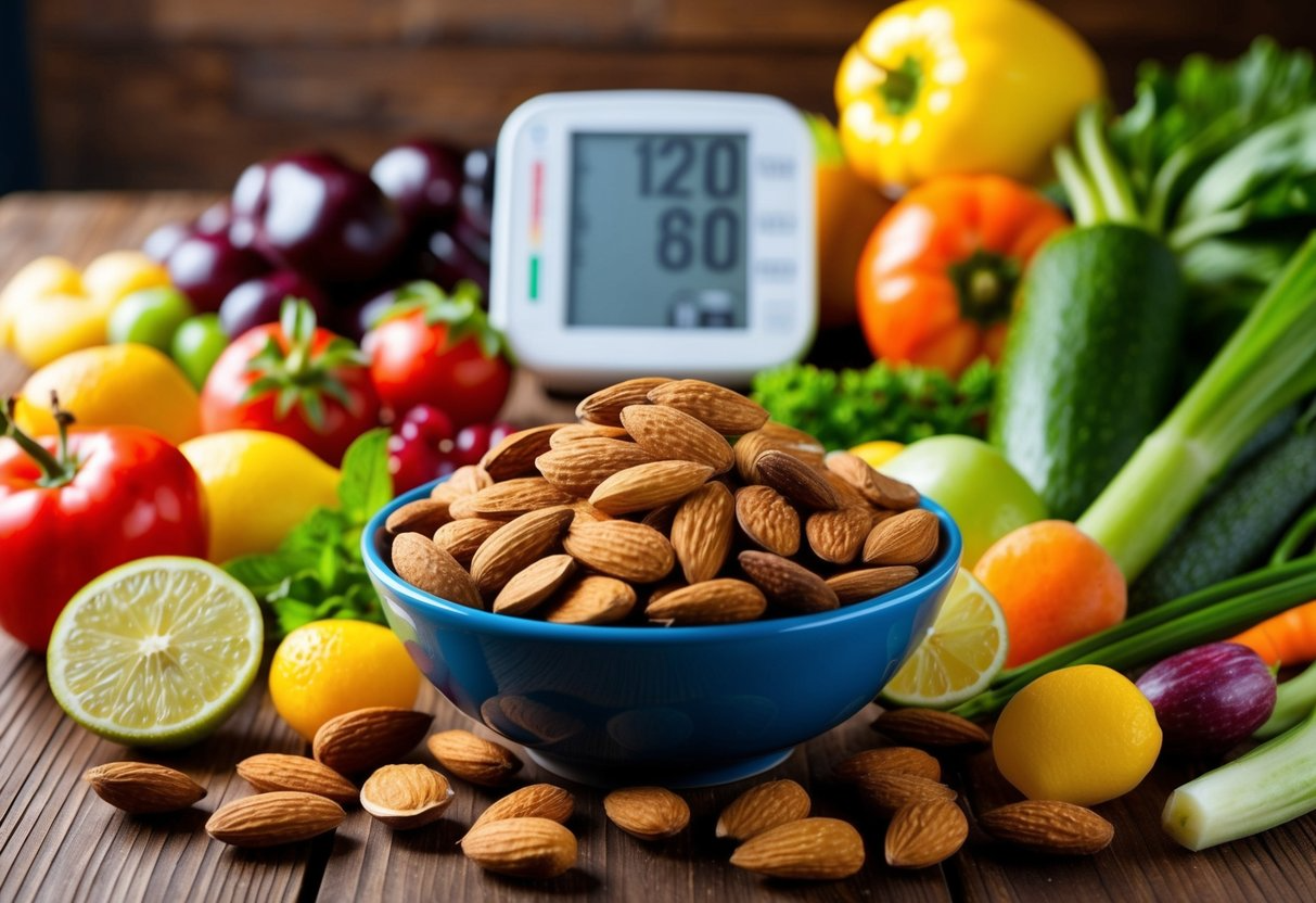 A bowl of almonds surrounded by a variety of fresh fruits and vegetables on a wooden table. A blood pressure monitor sits in the background