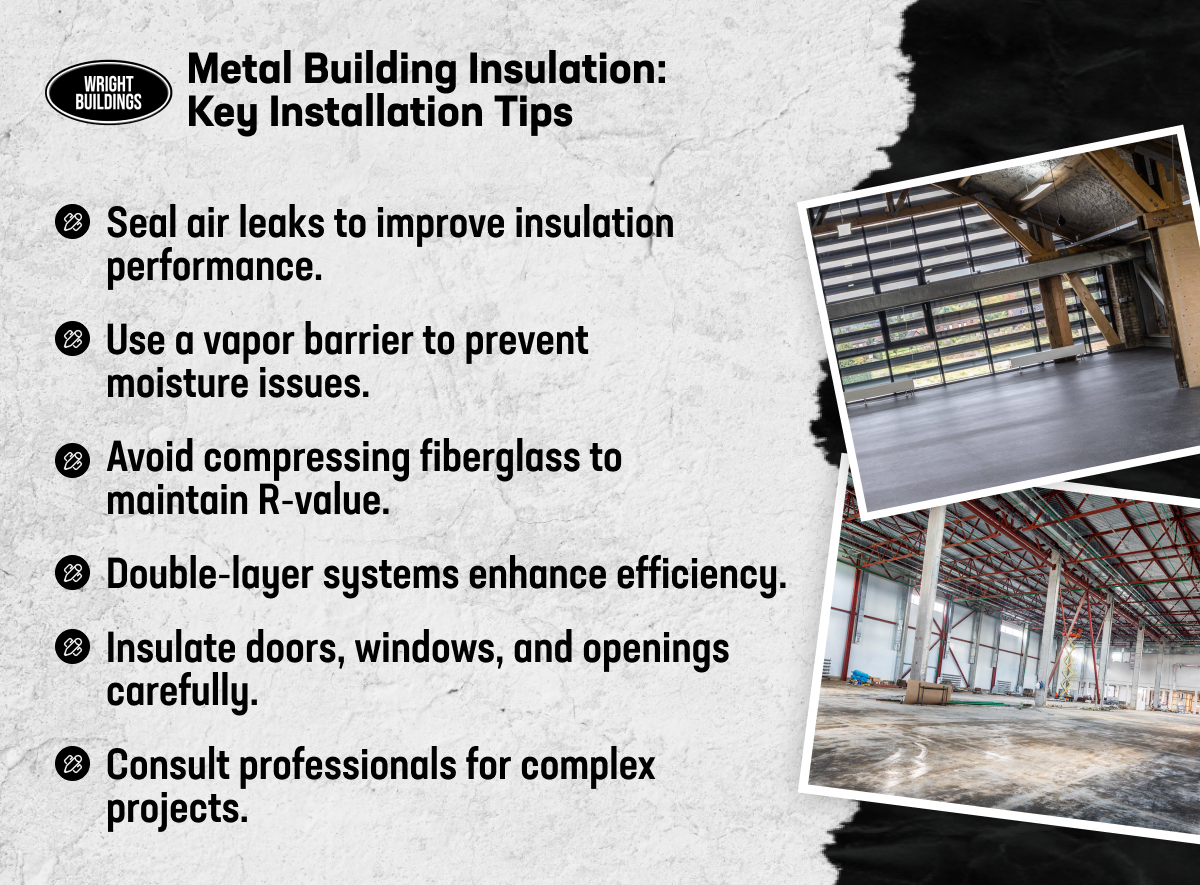 Tips for insulating metal buildings, including sealing air leaks, using vapor barriers, and consulting professionals