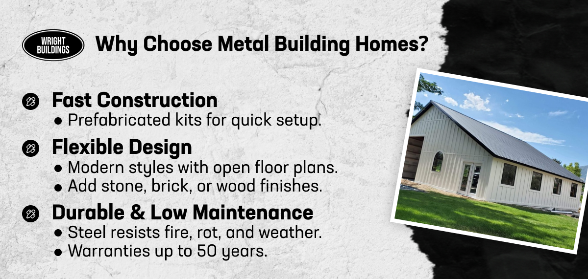 Reasons to choose metal building homes: fast construction, flexible design, durable, and low maintenance