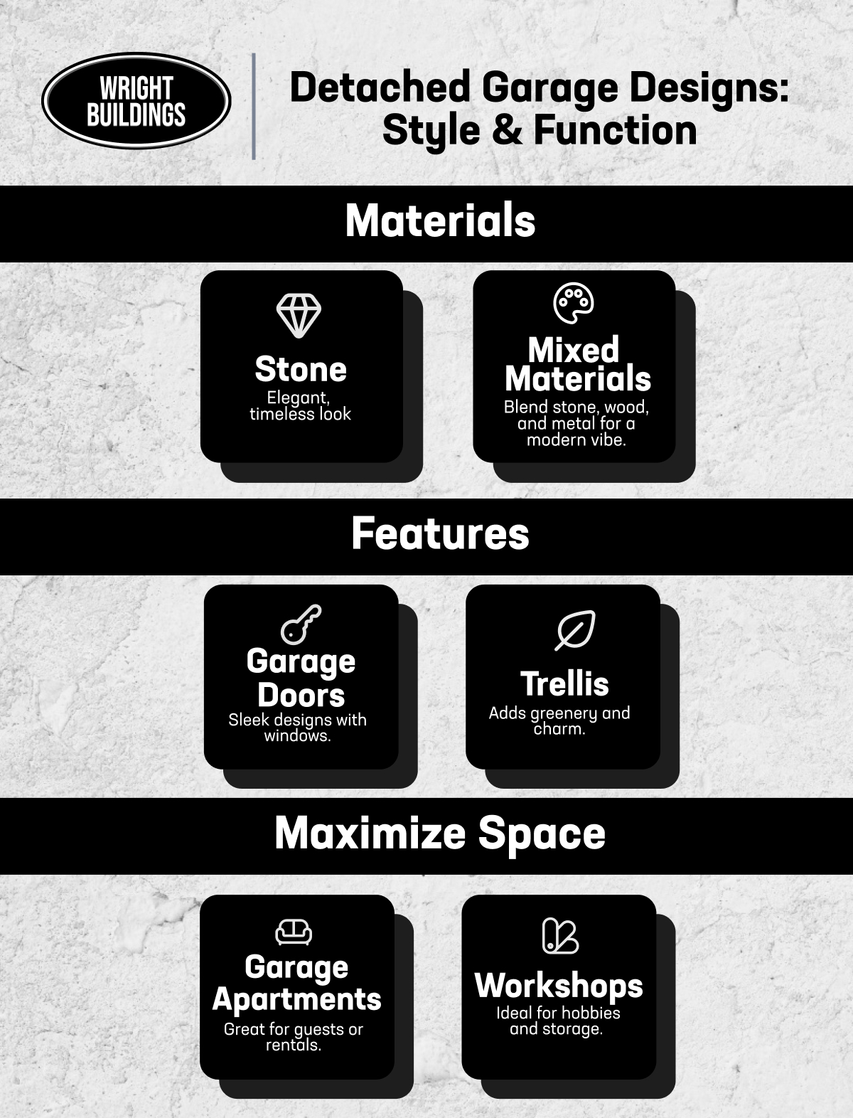 Infographic showcasing materials, features, and space-maximizing options for stylish detached garage designs.